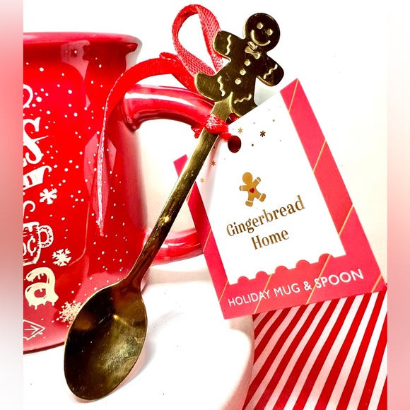 Christmas Sleigh Rides Hot Cocoa Red Camper Mug & Gold Metal Gingerbread Spoon - Picture 6 of 9